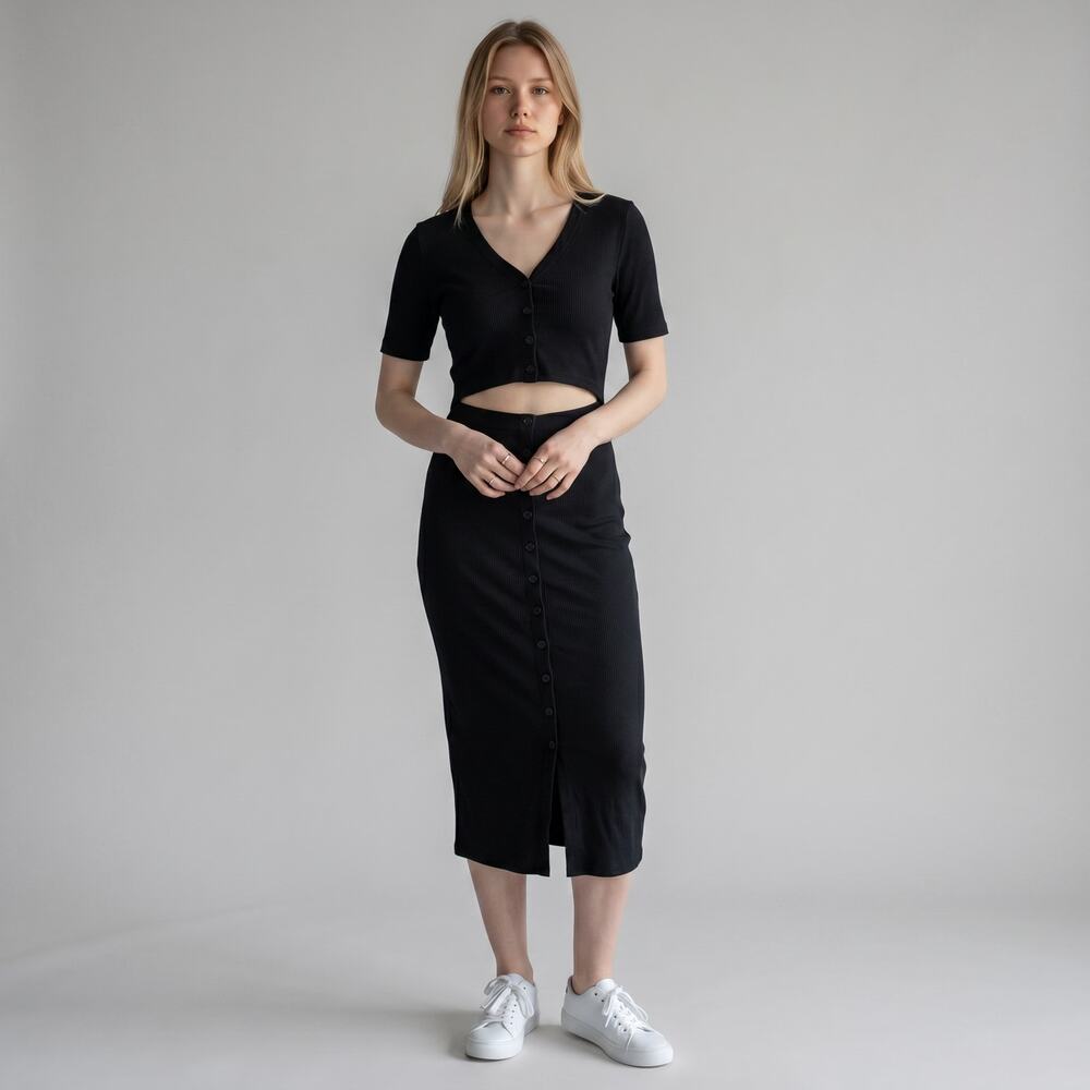 7 For All Mankind Dress Womens Size Medium Black Ribbed Bodycon Button Front